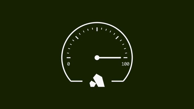 A minimalist digital gauge on a dark olive background showing a meter ranging from 0 to 100, with the needle near maximum and a crystal-like icon at the bottom.