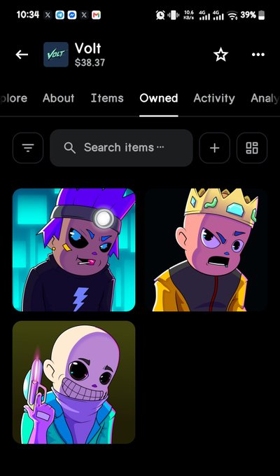 A mobile screenshot of a crypto wallet interface showing the 'Volt' collection worth $38.37, displaying three NFT character items including a purple-haired figure and a king character.