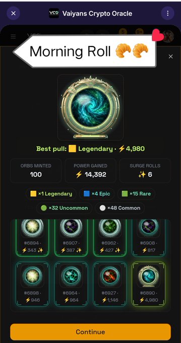 A mobile game screenshot from 'Vaiyans Crypto Oracle' showing a 'Morning Roll' results screen with stats like 100 orbs minted, 14,392 power gained, and a grid of various orbs categorized by rarity.