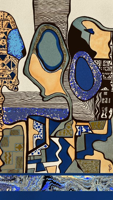 Abstract mixed-media artwork featuring organic blue and tan shapes with tribal patterns, signed with a 'P' monogram.