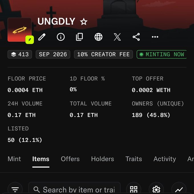 A cryptocurrency NFT collection page titled "UNGDLY" showing statistics including 413 items, 0.0004 ETH floor price, 10% creator fee, and "MINTING NOW" status.