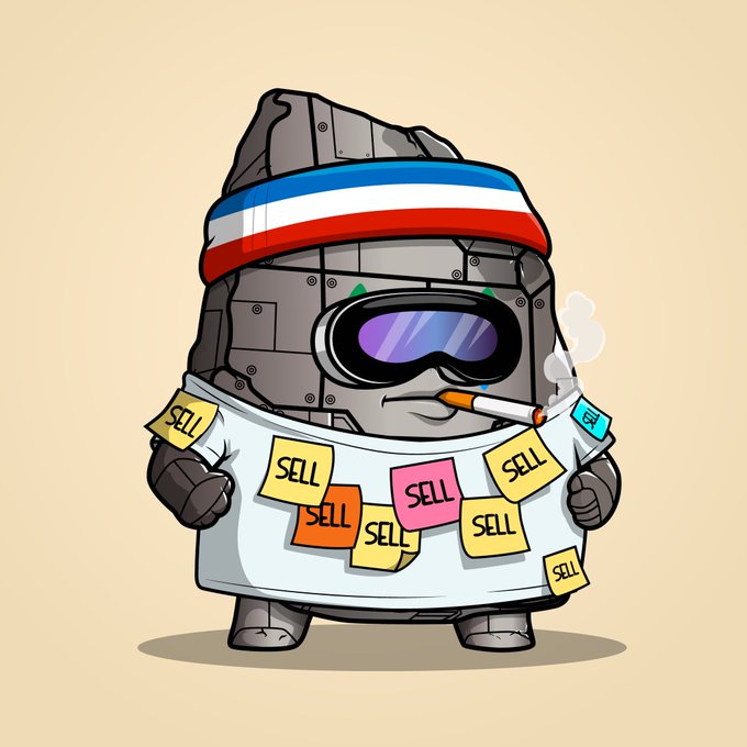 A cartoon illustration of a gray robot wearing a red, white, and blue headband, sunglasses, and holding a cigarette, with numerous "SELL" sticky notes attached to its body.