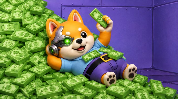 A cartoon Shiba Inu dog with a cybernetic headset lounges on a massive pile of dollar bills, holding up a stack of cash in celebration. The image ties into the post's theme of enduring FUD (fear, uncertainty, doubt) by depicting a triumphant crypto mascot amid wealth, suggesting that holding through the negativity leads to rewards.