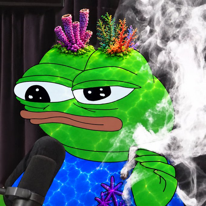A digital illustration of a green Pepe-style frog character with coral on its head, smoking and speaking into a microphone.