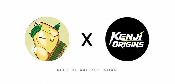 The image features a collaboration announcement between a golden cat-like character wearing a laurel wreath and the "Kenji Origins" logo, separated by a large "X" with "OFFICIAL COLLABORATION" text below. It visually represents the partnership between FitnaEth and Kenji Origins for their free-mint Genesis drop giveaway.