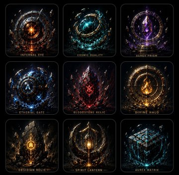 The image features a collection of nine distinct illustrations or logos, each representing a different element from the ancient world. These elements include celestial guardians, totems, and relics with unique designs that carry their own stories and legends. The logos are arranged in a grid format on a black background, showcasing the diversity and richness of these ancient artifacts.