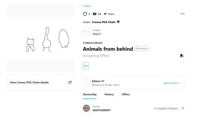 An NFT marketplace listing for "Animals from behind" by creator "batyo1" on the Cronos POS Chain, showing 5 editions minted (Edition #1 on 10 Nov 2021) with 4 likes and 94 views, currently owned by "ANOTHERNFT" and accepting offers. The image illustrates the poster's point about Crypto.com NFT customers being left with individually-sold artworks after the platform exits the curated NFT space.