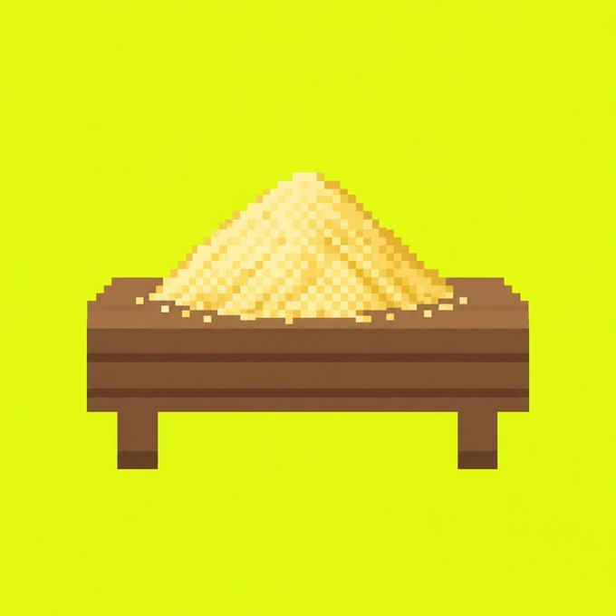 A pixel art illustration of a wooden cart or trough filled with a pile of yellow grain or powder against a solid green background.