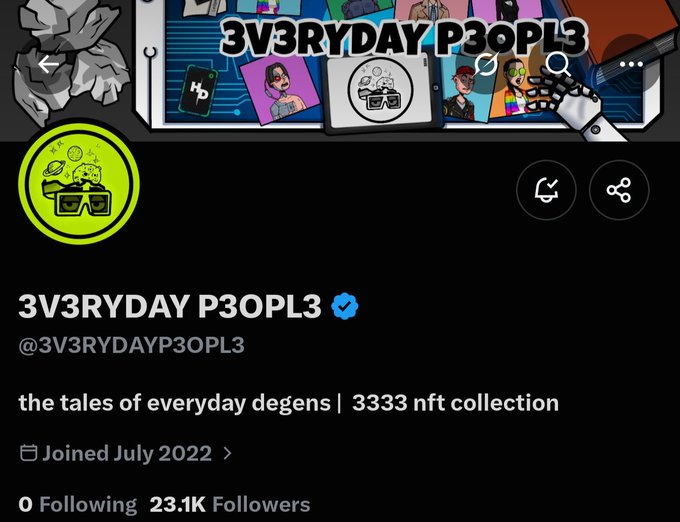 A Twitter/X profile for **@3V3RYDAYP3OPL3** (verified), a verified NFT project with 23.1K followers that joined in July 2022 and describes itself as "the tales of everyday degens | 3333 nft collection." The post complements the profile by announcing a Robinhood collaboration secured for the community, highlighting the project's 3,333 NFT supply.