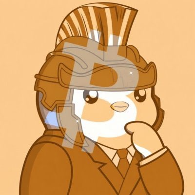 A cartoon penguin wearing a Roman-style centurion helmet and a suit strikes a thoughtful pose with its wing to its chin, set against a peach background—reflecting the post's "PFP" (profile picture) nod, likely referencing Pudgy Penguin NFT profile pictures.