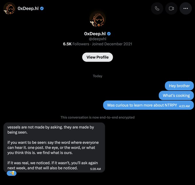 A Twitter DM conversation with verified user 0xDeep.hl (@deepxhl), showing messages about NTRPY and a reply stating 'vessels are not made by asking, they are made by being seen.'