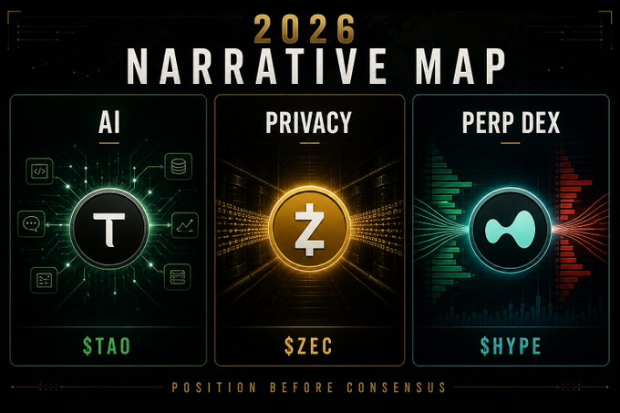 A graphic titled '2026 NARRATIVE MAP' displays three categories: 'AI' ($TAO), 'PRIVACY' ($ZEC), and 'PERP DEX' ($HYPE), with the tagline 'POSITION BEFORE CONSENSUS' at the bottom.