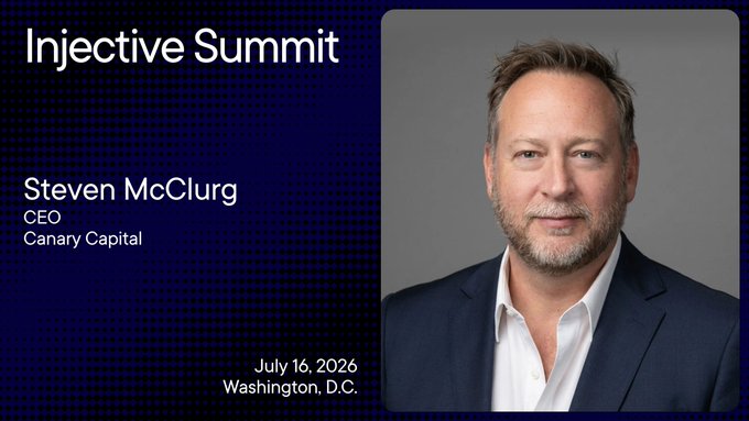 The image features a man wearing a suit and tie, standing against a gray background. The text "Injective Summit" is displayed at the top of the image, indicating that this is an event or gathering related to the Injective Summit. The main subject of the image is Steven McClurg, who is described as a man in business attire with a beard and short hair. He is identified as the CEO of Canary Capital, a company involved in cryptocurrency ETFs. The post also mentions that Steven McClurg will be joining the Injective Summit on July 16th at Washington DC.