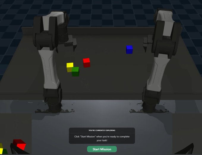 A screenshot shows a digital robotics interface featuring two robotic arms positioned over a workspace with colored blocks, with a central popup reading "YOU'RE CURRENTLY EXPLORING" and a green "Start Mission" button. This image illustrates the updated user interface for the BitRobot Network's Lab, where users can engage in tasks to earn Bolts.