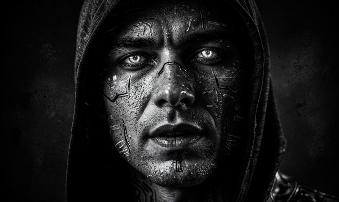 A black and white digital portrait of a hooded figure with glowing eyes and intricate cybernetic/circuit-like markings across their face and skin, set against a dark background.