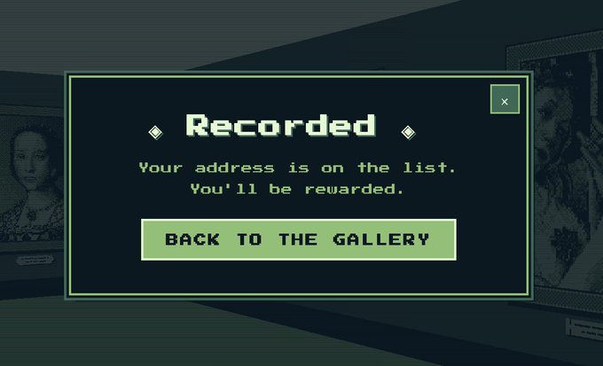 A retro-style pixel dialog box displays the text "Recorded - Your address is on the list. You'll be rewarded." with a "BACK TO THE GALLERY" button. The image appears to be a confirmation screen from a pixel art game or interactive experience, seemingly unrelated to the post about searching for coins and NFTs.