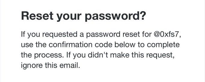 A screenshot of a password reset email for the X/Twitter account @0xfs7, prompting users to use a confirmation code to complete the process, illustrating the post's warning about widespread password reset scams targeting users on the platform.