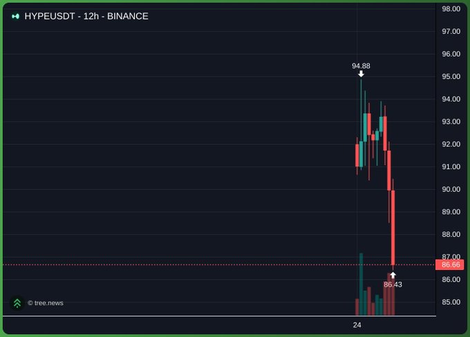 A 12-hour candlestick chart for HYPEUSDT on Binance shows a price peak at 94.88 and a low of 86.43.