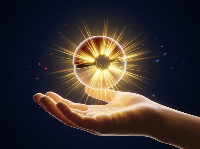 A glowing, segmented golden sphere hovers above an open human hand against a dark background, emitting rays of yellow light with small red and blue particles nearby.