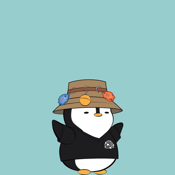 A small cartoon penguin wearing a brown hat with colorful baubles and a black hoodie stands against a teal background.