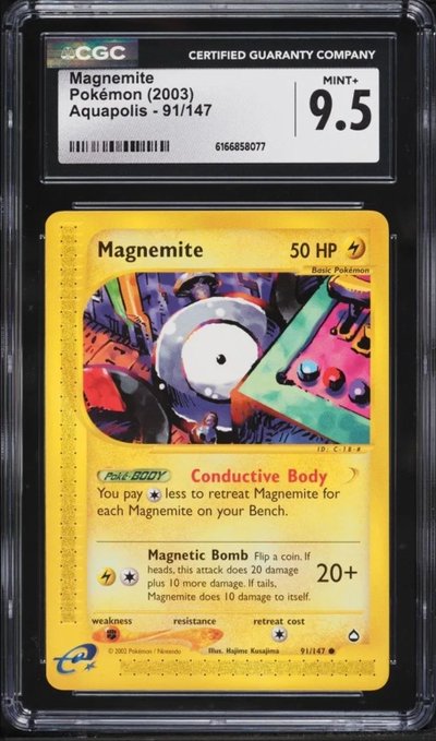 A CGC graded Pokémon card 'Magnemite' from Pokémon (2003) Aquapolis set, card 91/147, graded MINT+ 9.5, showing its 'Conductive Body' Poké-BODY and 'Magnetic Bomb' attack with 20+ damage.