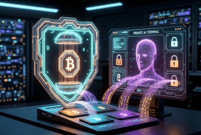 A futuristic 3D rendering of a cryptocurrency terminal with a holographic Bitcoin symbol, a digital human figure, padlock icons, and a screen labeled 'PRIVATE AI TERMINAL'.