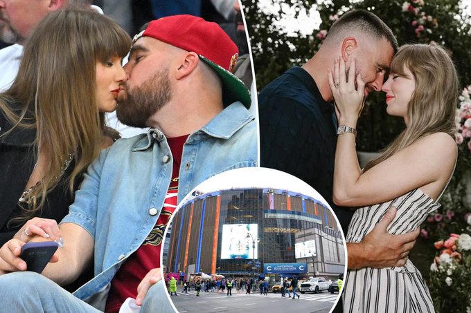 The image features a collage of three photos, including two couples kissing each other's lips and one couple hugging. The collage also includes an image of a stadium with people walking around outside. The caption for the image reads "Big swift partnership about to be announced?".