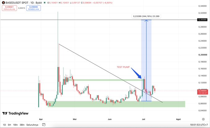 A TradingView daily chart of BASEDUSDT shows a downtrend channel with a highlighted "TEST PUMP" annotation in June and a recent 344.16% spike to 0.33289, illustrating the pump test pattern referenced in the post about identifying coins with 100x potential.