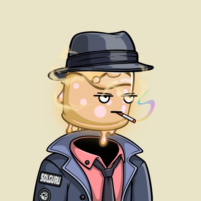 A cartoon character with a bagel-shaped head wearing a black fedora, smoking a cigarette, and sporting a "SOLGURU" name tag on a blue jacket over a pink shirt and black tie. The chill, caffeinated vibe of the illustration pairs well with the post's "gm gm" greeting and motivational message about grinding hard and staying hydrated.