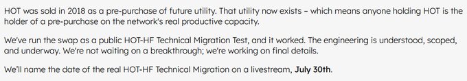 Text discussing the 2018 sale of HOT as a pre-purchase of future utility, announcing a successful public HOT-Hf Technical Migration Test and naming July 30th for the real migration livestream.
