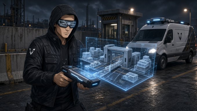 A hooded figure wearing digital waveform glasses uses a futuristic scanner to project a blue holographic city map in an industrial lot, with a security van parked behind them.