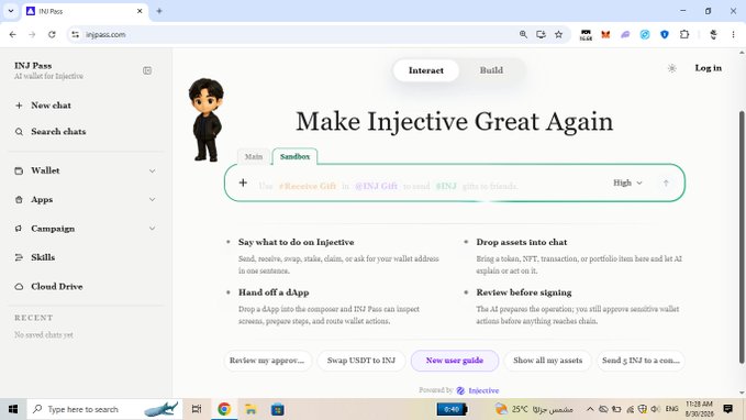 A screenshot of the INJ Pass website (injpass.com) shows an AI wallet interface for Injective blockchain, with the headline 'Make Injective Great Again' and options to chat, swap, and review transactions.
