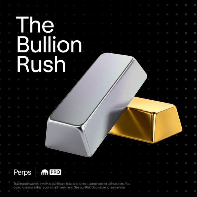 A promotional graphic for "Perps PRO" features a silver bar leaning against a gold bar against a black dotted background, with the bold white text "The Bullion Rush" prominently displayed—visually representing the post's invitation to "join the Bullion rush" by highlighting precious metals trading. A disclaimer at the bottom warns that trading derivatives involves significant risks and may not be appropriate for all investors.
