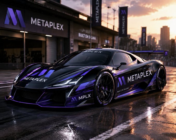 A black and purple sports car with 'METAPLEX', 'MPLX', and 'BUILT ON SOLANA' branding sits in a wet urban setting at sunset, with a 'METAPLEX' building and city skyline in the background.