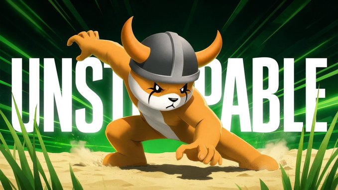 A determined cartoon dog wearing a Viking helmet strikes a powerful pose in front of large white text spelling "UNSTOPPABLE," set against a vibrant green and black background—matching the post's emphasis on FLOKI's unstoppable presence and utility as a leading memecoin.