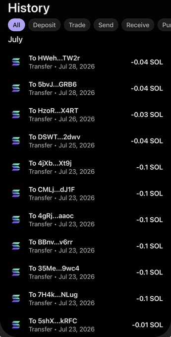 A mobile app's transaction history screen showing multiple small SOL transfers sent to various wallet addresses in July 2026.