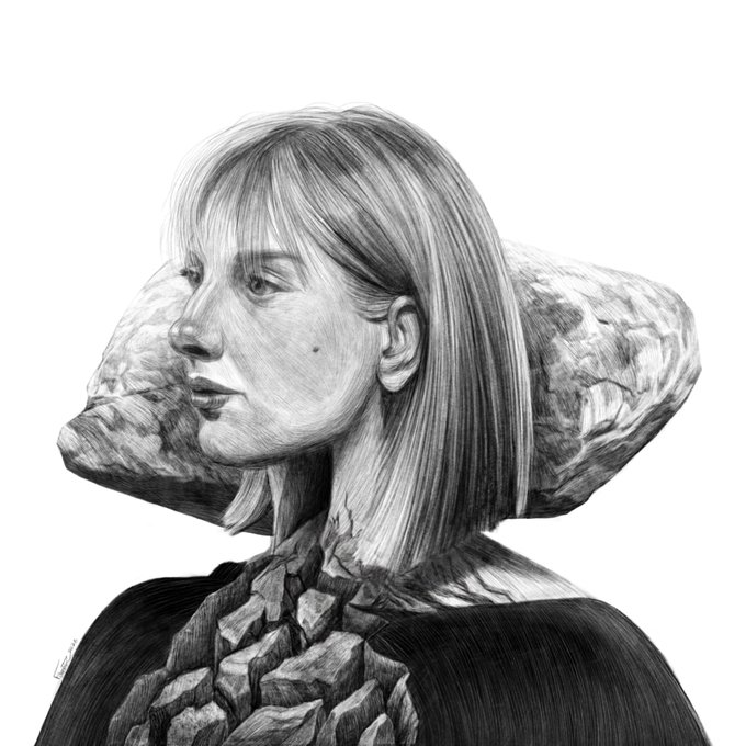 A detailed pencil drawing of a woman in profile with shoulder-length hair, her body partially transformed into or emerging from rough stone and brick textures against a white background.