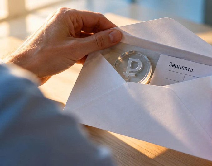 A close-up shows a person's hand opening a white envelope on a wooden surface to reveal a coin embossed with the Russian Ruble symbol (₽) and a paper slip labeled 'Зарплата' (Salary).