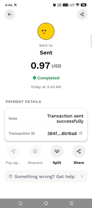 A screenshot of a mobile payment confirmation showing a successful transaction of 0.97 USD "Sent" with a note reading "Transaction sent successfully" and Transaction ID 384f...8b16a8, demonstrating the user testing the @dopepayme payment feature.