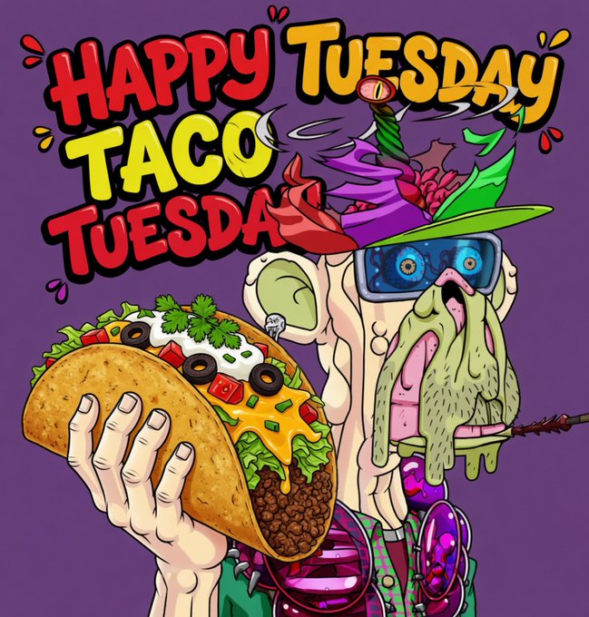A colorful cartoon illustration of a zombie-like creature with a green, dripping face wearing a purple hat, holding a large taco, with the text 'HAPPY TACO TUESDAY' above.