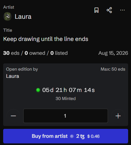 Mobile app screen showing an NFT-style artwork listing by artist 'Laura' titled 'Keep drawing until the line ends', with a countdown timer and a 'Buy from artist' button for $0.46.