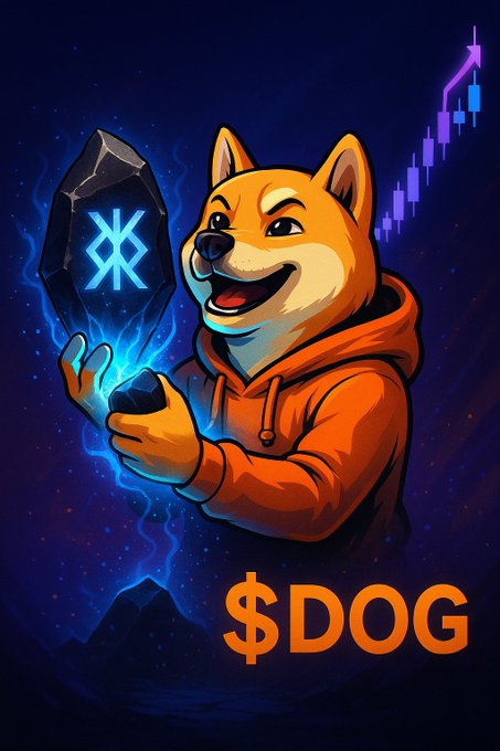 A cartoon illustration of a Shiba Inu dog in an orange hoodie holding a glowing blue rune stone, with a candlestick chart trending upward in the background and '$DOG' text at the bottom.