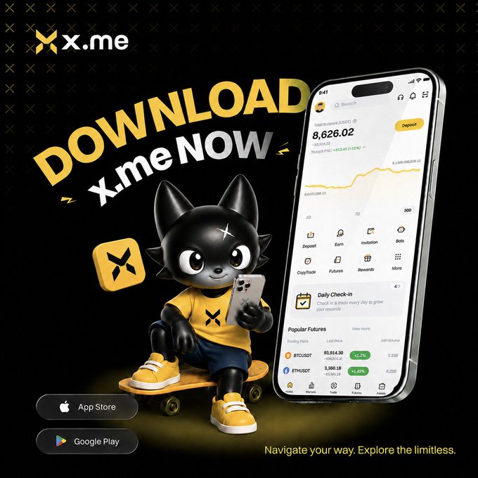 X.me app promotional graphic featuring a black cat mascot on a skateboard holding a phone, with 'DOWNLOAD x.me NOW' text and screenshots of the cryptocurrency trading app interface showing a balance of 8,626.02 USDT.