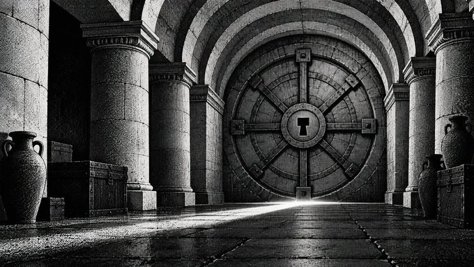 A black and white image of a large, ornate stone door with a wheel-like design set within an arched, columned hallway, with light shining through from beneath the door.