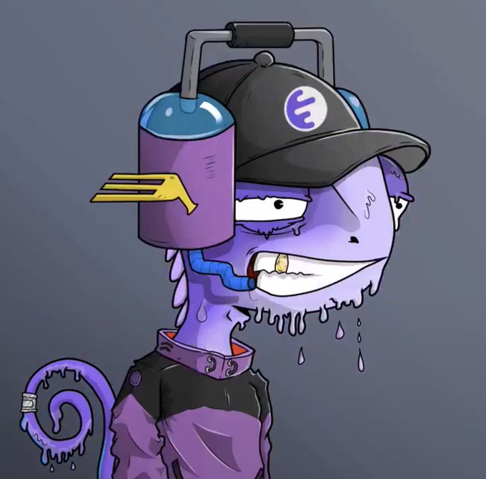 A cartoon illustration of a purple chameleon character wearing a black cap with a yellow logo, smoking a cigarette, with sweat dripping and a dripping tail.