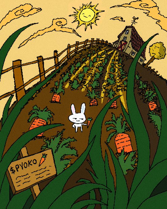 A small white bunny stands in a carrot patch beneath a smiling sun and an old house, with a wooden sign reading "$PYOKO" in the foreground, illustrating the post's nostalgic theme of a forgotten, half-remembered internet character now revived as a memecoin.