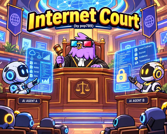 A colorful illustration titled 'Internet Court' by pop789 depicting a purple judge character with 3D glasses presiding over two AI agents in a courtroom setting.