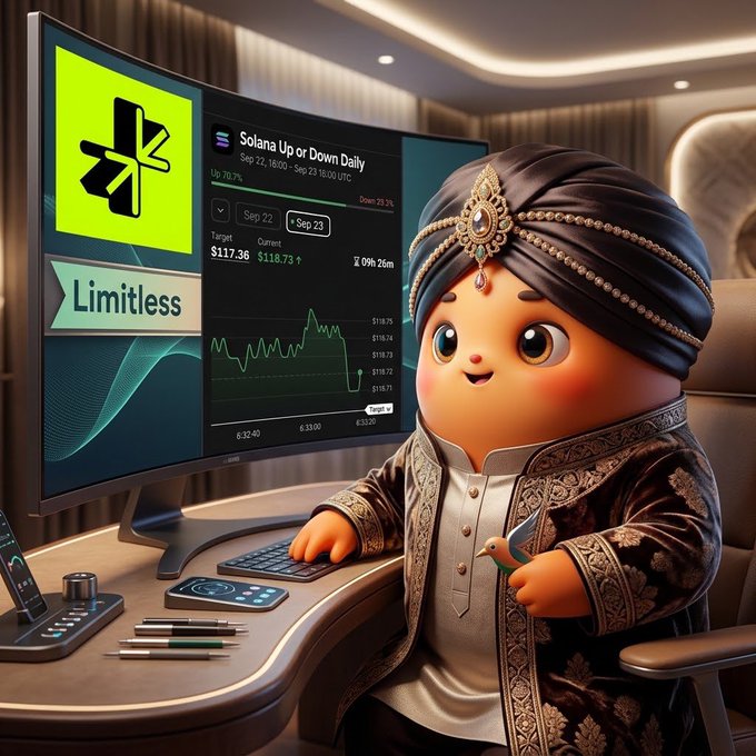 A digital illustration shows a cute character in traditional ornate attire with a jeweled turban sitting at a desk using a keyboard, with a monitor displaying 'Solana Up or Down Daily' by 'Limitless' behind them.