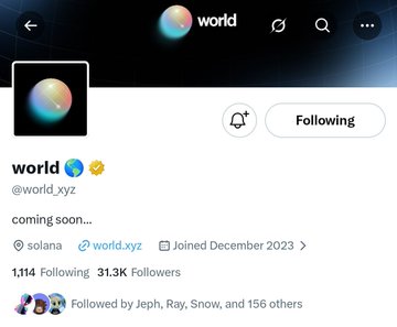 A Twitter/X profile page for "world" (@world_xyz) with a blue verification checkmark, showing "coming soon..." as the bio, based on solana with the website world.xyz, joined December 2023, 1,114 Following and 31.3K Followers, followed by notable accounts including Jeph, Ray, and Snow—visually supporting the post's claim of a mysterious $80k stealth project on Solana that's generating significant buzz.