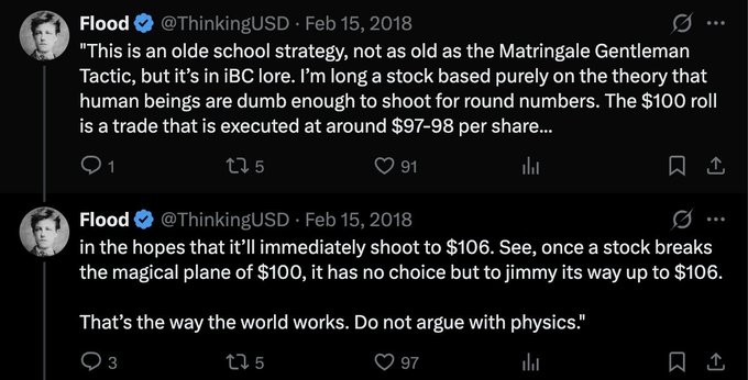 A screenshot of a tweet thread from "Flood" (@ThinkingUSD) dated Feb 15, 2018, discussing an "old school strategy" called the "Matringale Gentleman Tactic" involving stock trading at round numbers like $100, with the post "HUNDY ROLL DAT" referencing his playful commentary about betting on stocks hitting the $100 mark and then jumping to $106.